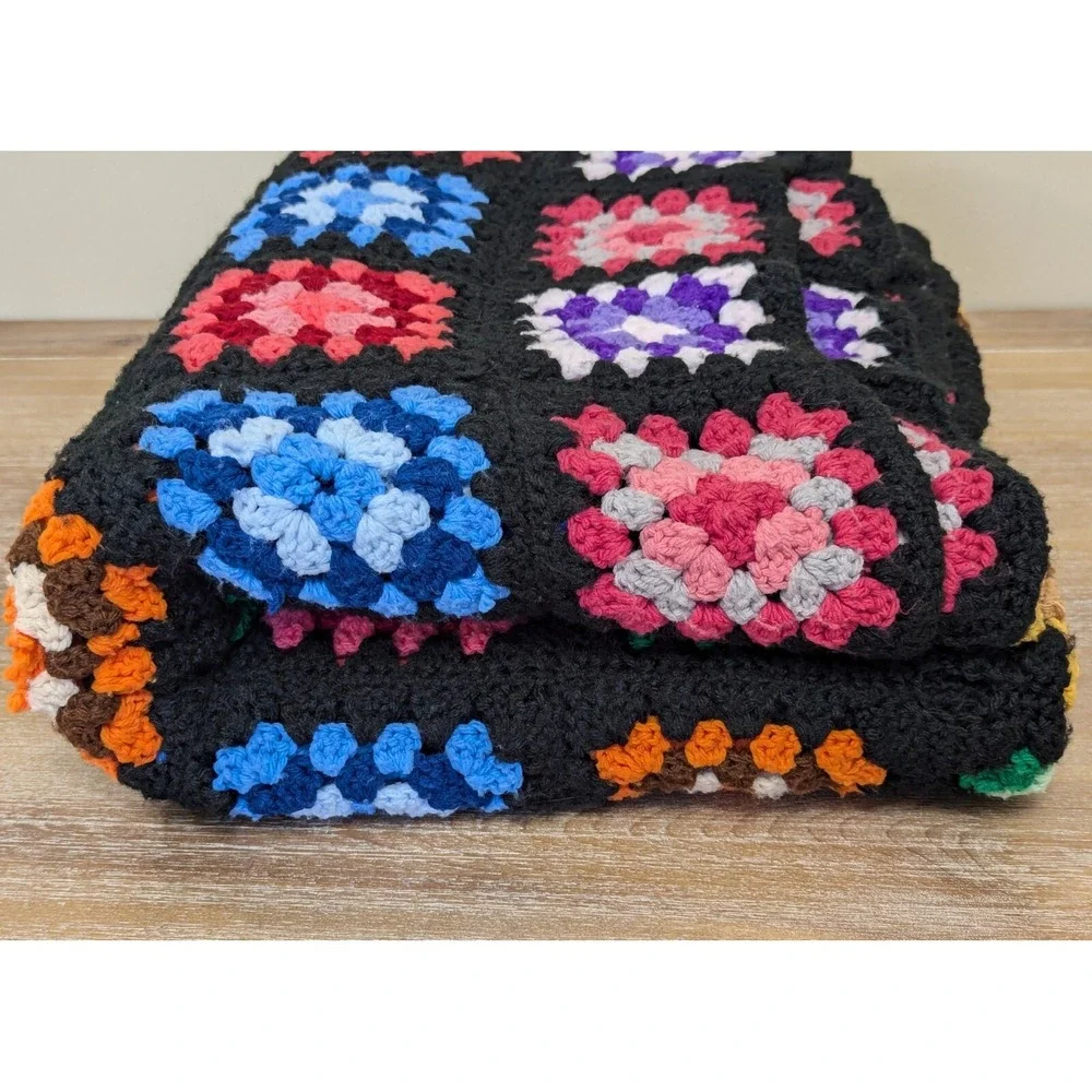 VTG Granny Square Roseanne Afghan Crochet Multicolor Blanket Throw Colorful READ